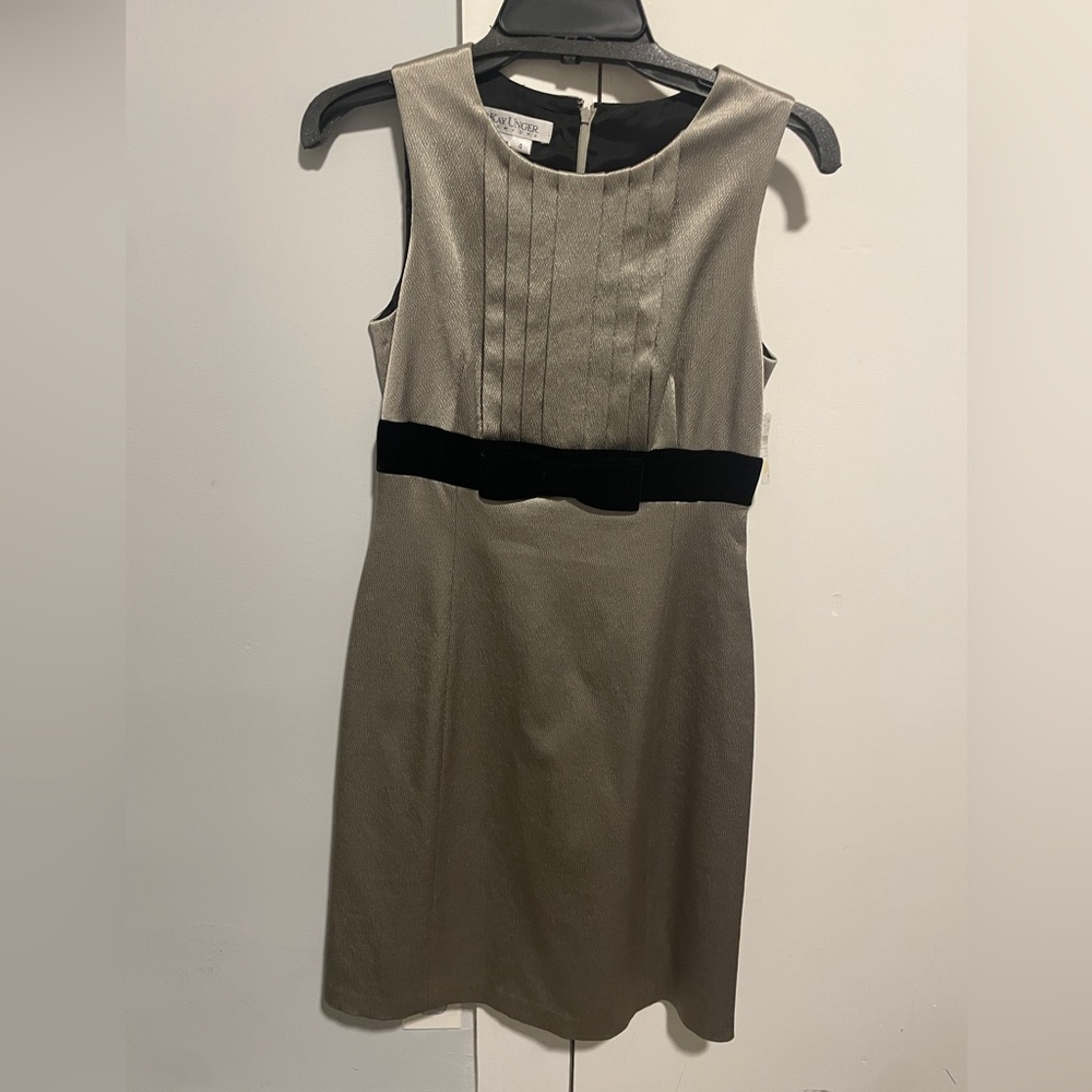 Neiman Marcus Shimmery Pewter Midi Dress with Black Velvet Bow - Kay Unger